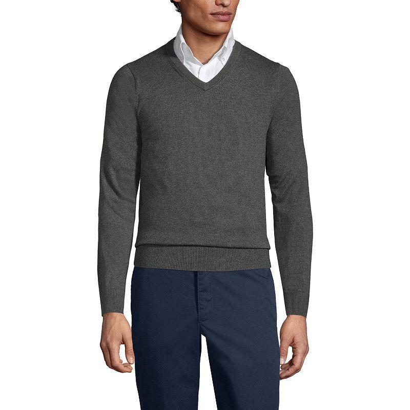 Men's Lands' End School Uniform Fine Gauge V-neck Sweater, Size: Small, Coal Grey Product Image