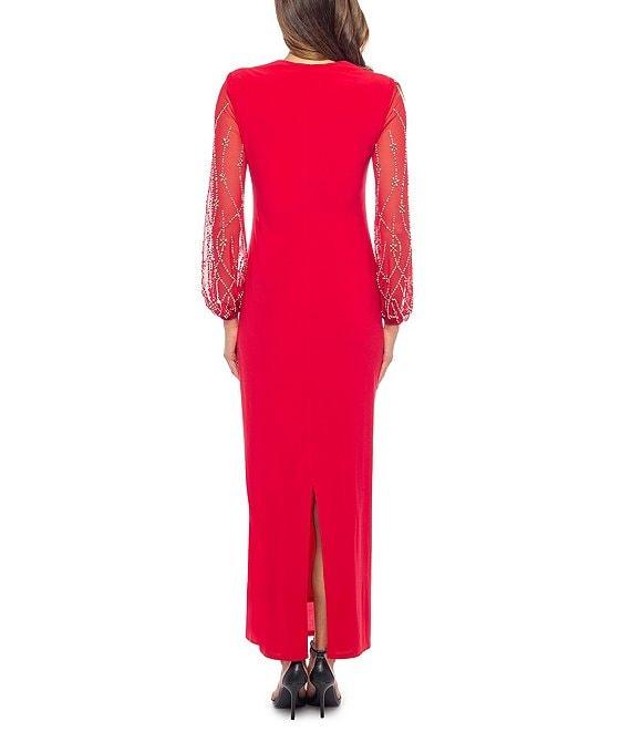 Marina Solid ITY Scoop Neck Power Mesh Beaded Sleeves Sheath Dress Product Image