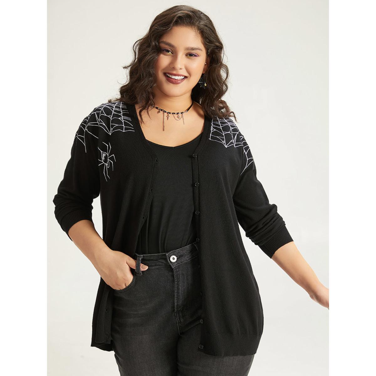 Plus Size Supersoft Essentials Halloween Spider Web Button Through Cardigan Black Women Leisure Loose Long Sleeve Casual Cardigans BloomChic 28/5X Product Image