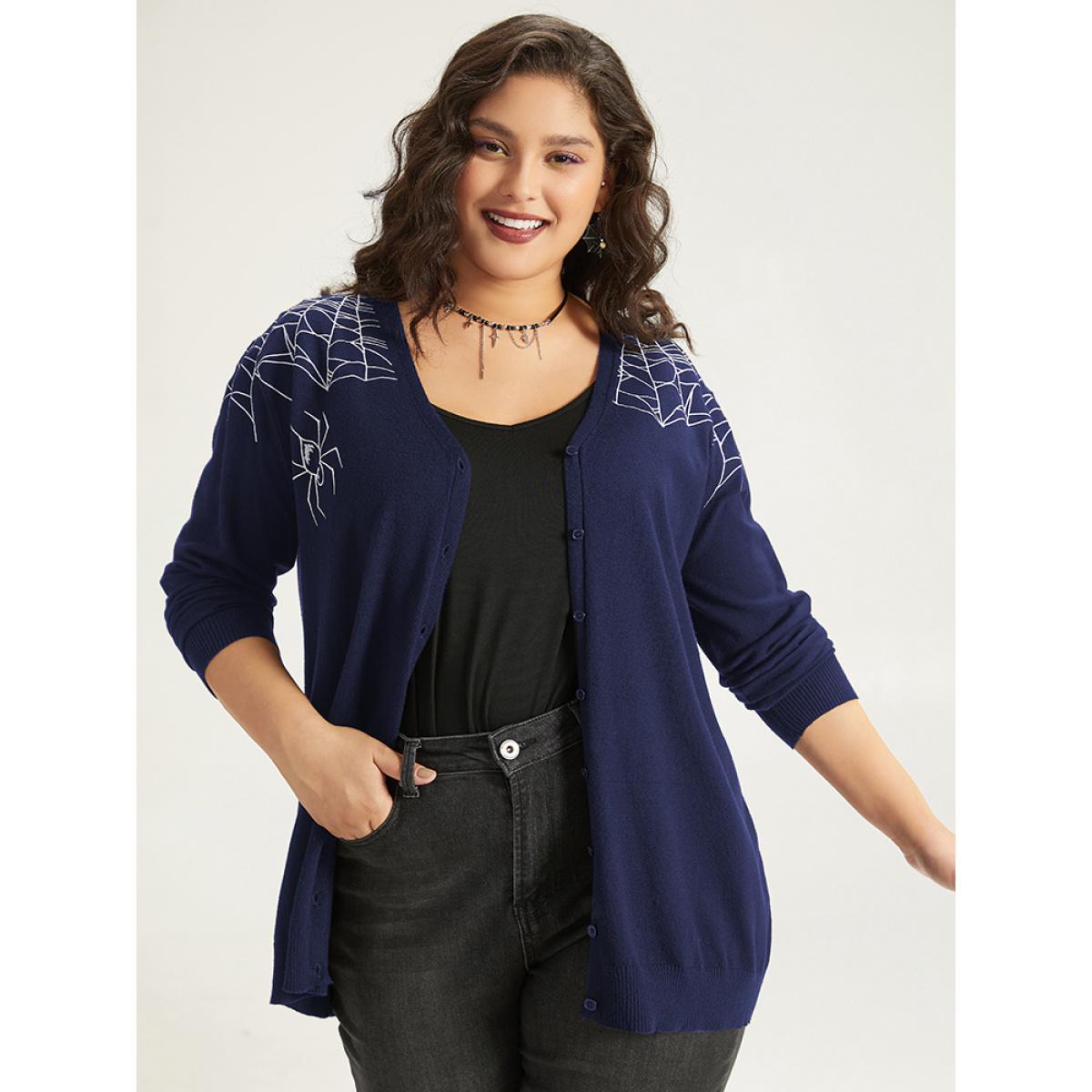 Plus Size Supersoft Essentials Halloween Spider Web Button Through Cardigan Indigo Women Leisure Loose Long Sleeve Casual Cardigans BloomChic 10/M Product Image