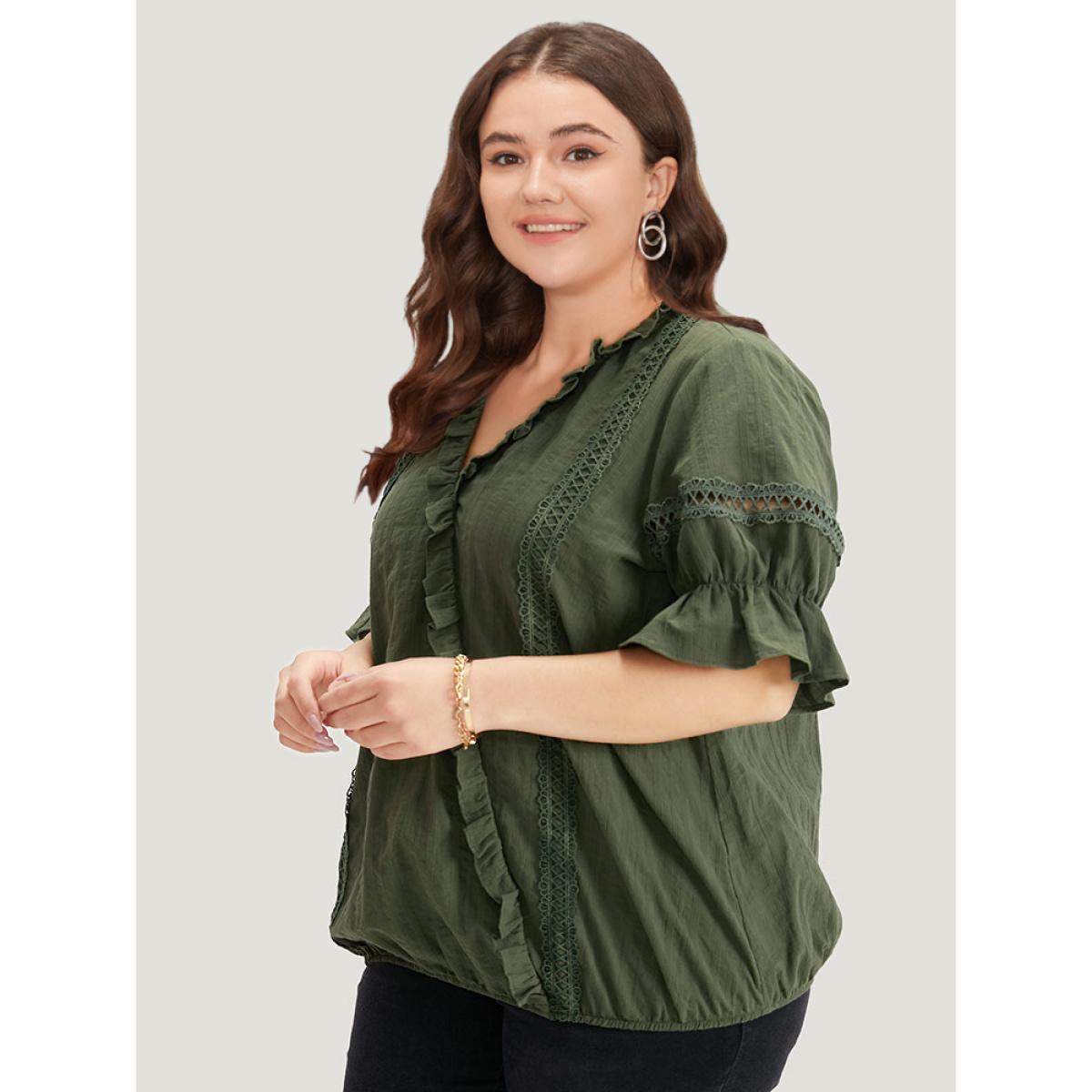 Plus Size ArmyGreen Solid Ruffle Trim Guipure Lace Elastic Hem Blouse Women Vacation Short sleeve V-neck Dailywear Blouses BloomChic 10/M Product Image