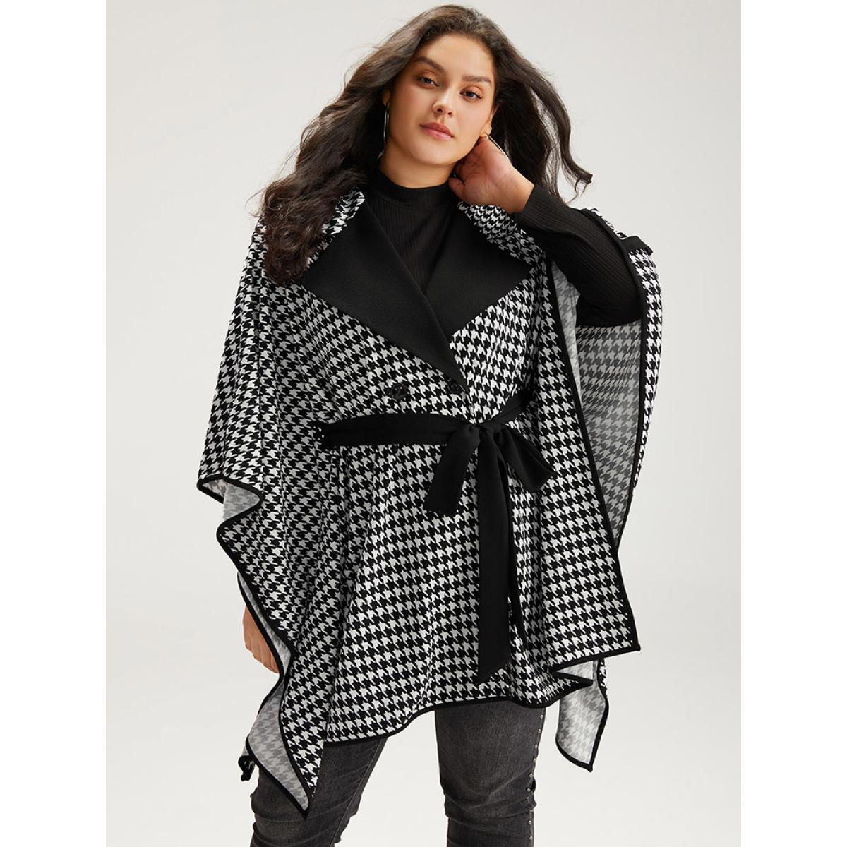 Plus Size Houndstooth Dolman Sleeve Lapel Collar Belted Coat Women Black Casual Belted Loose Ladies Dailywear Winter Coats BloomChic 14-16/1X Product Image