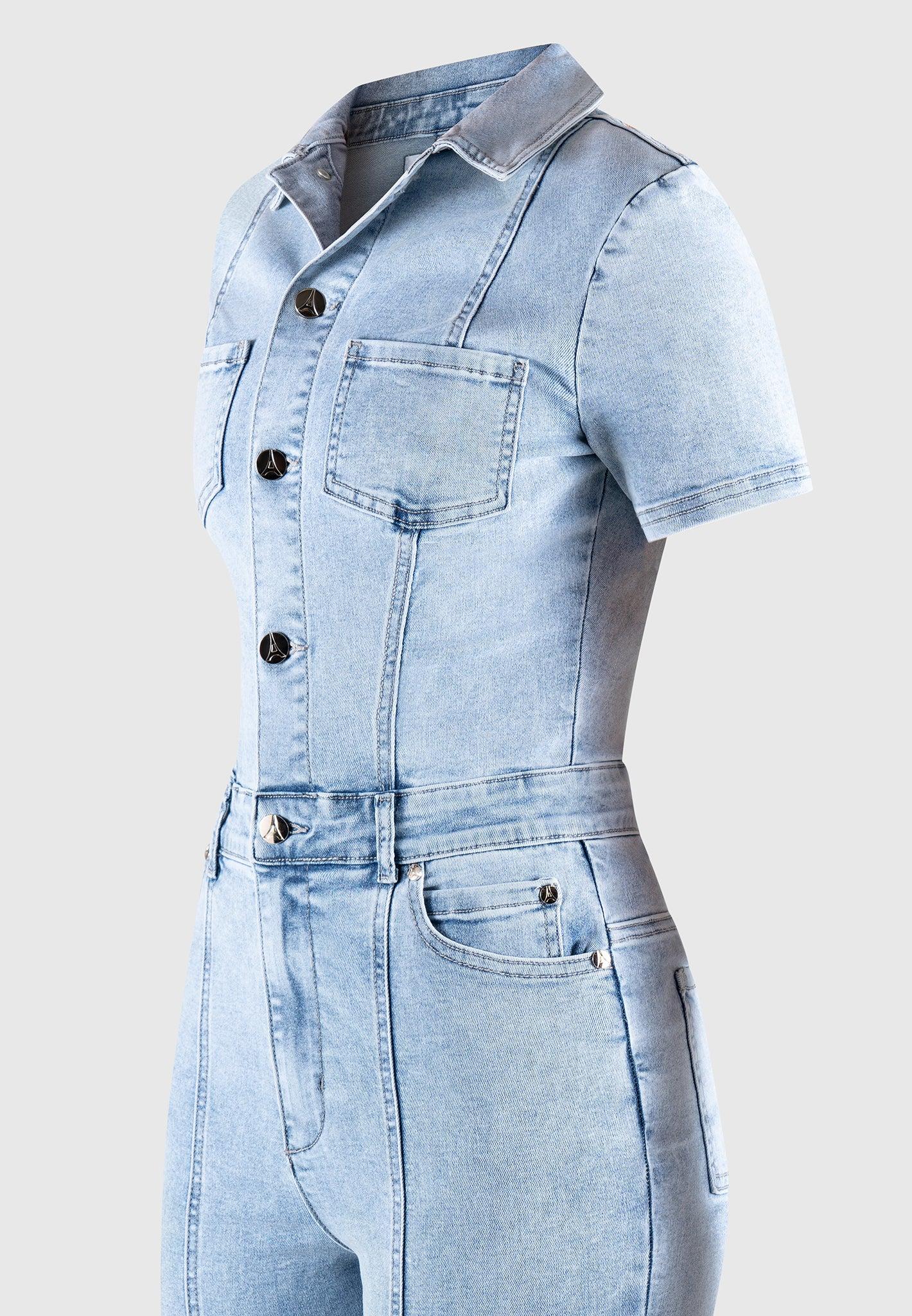 Violette - Mini Flared Denim Jumpsuit - Mid Blue Female Product Image