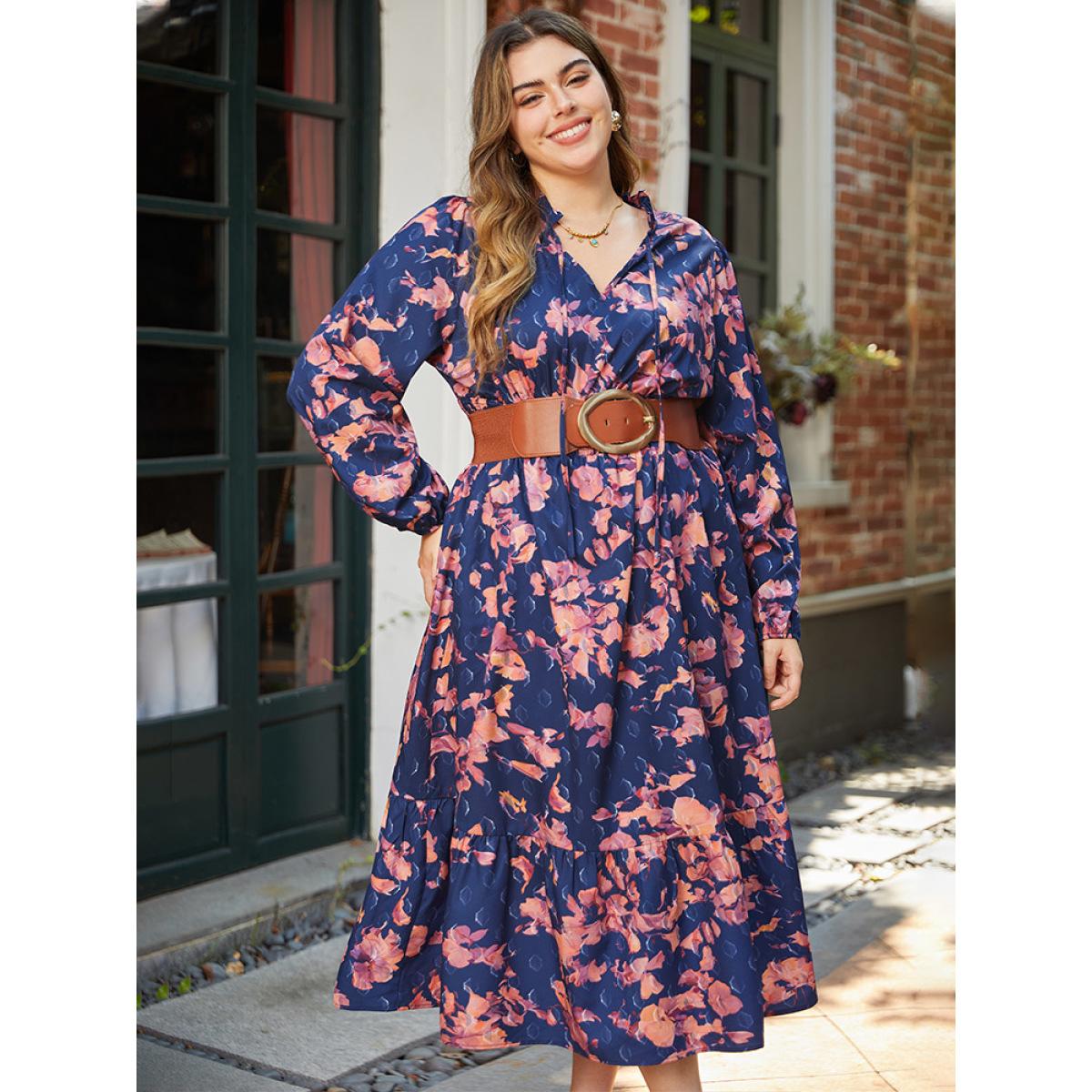 Plus Size Floral Print Shirred Frill Trim Ties Dress DarkBlue Women Elegant Elastic cuffs Tie Neck Long Sleeve Curvy Midi Dress BloomChic 10/M Product Image