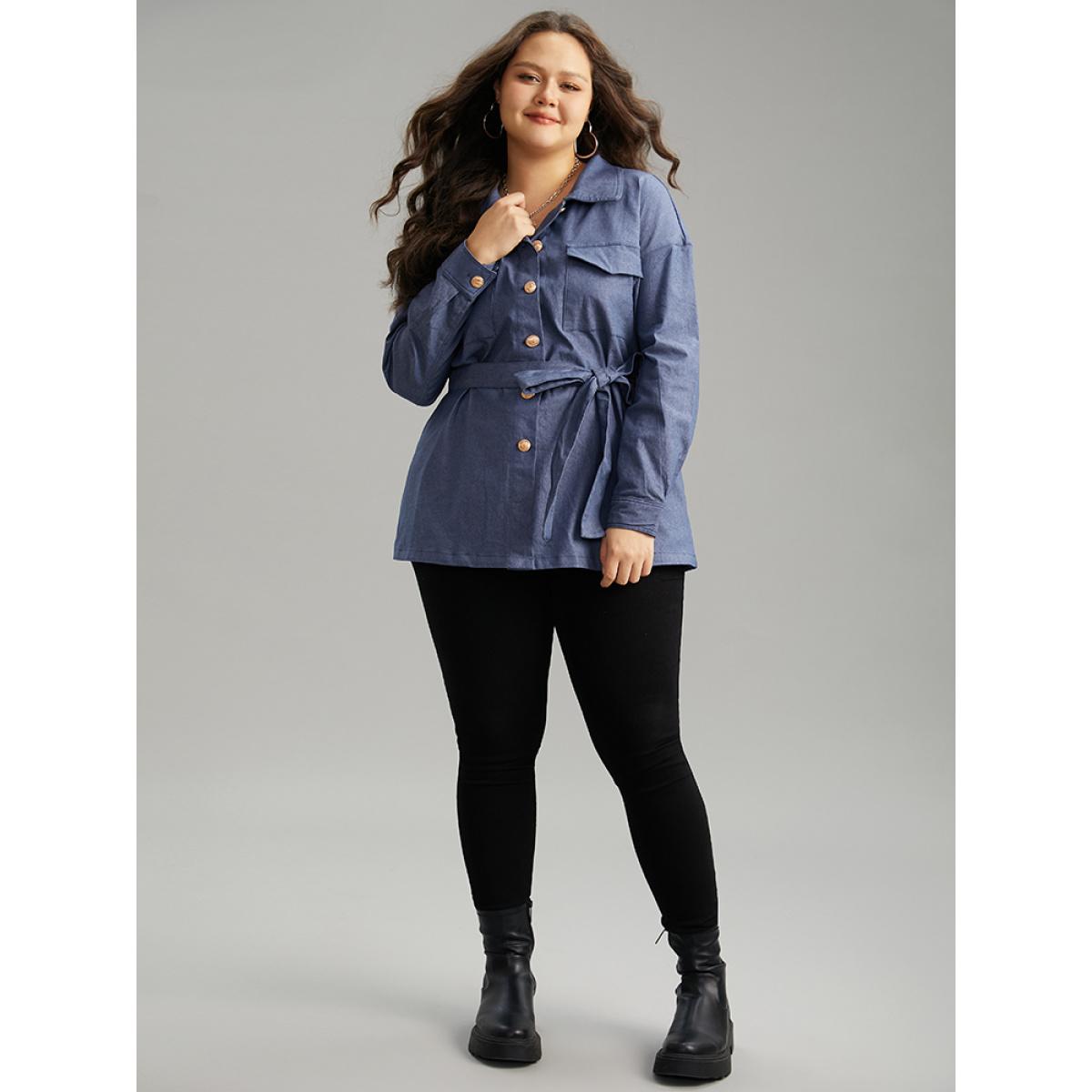 Plus Size Plain Ties Pocket Button Through Shacket Women Indigo Casual Plain Ladies Dailywear Winter Coats BloomChic 28/5X Product Image