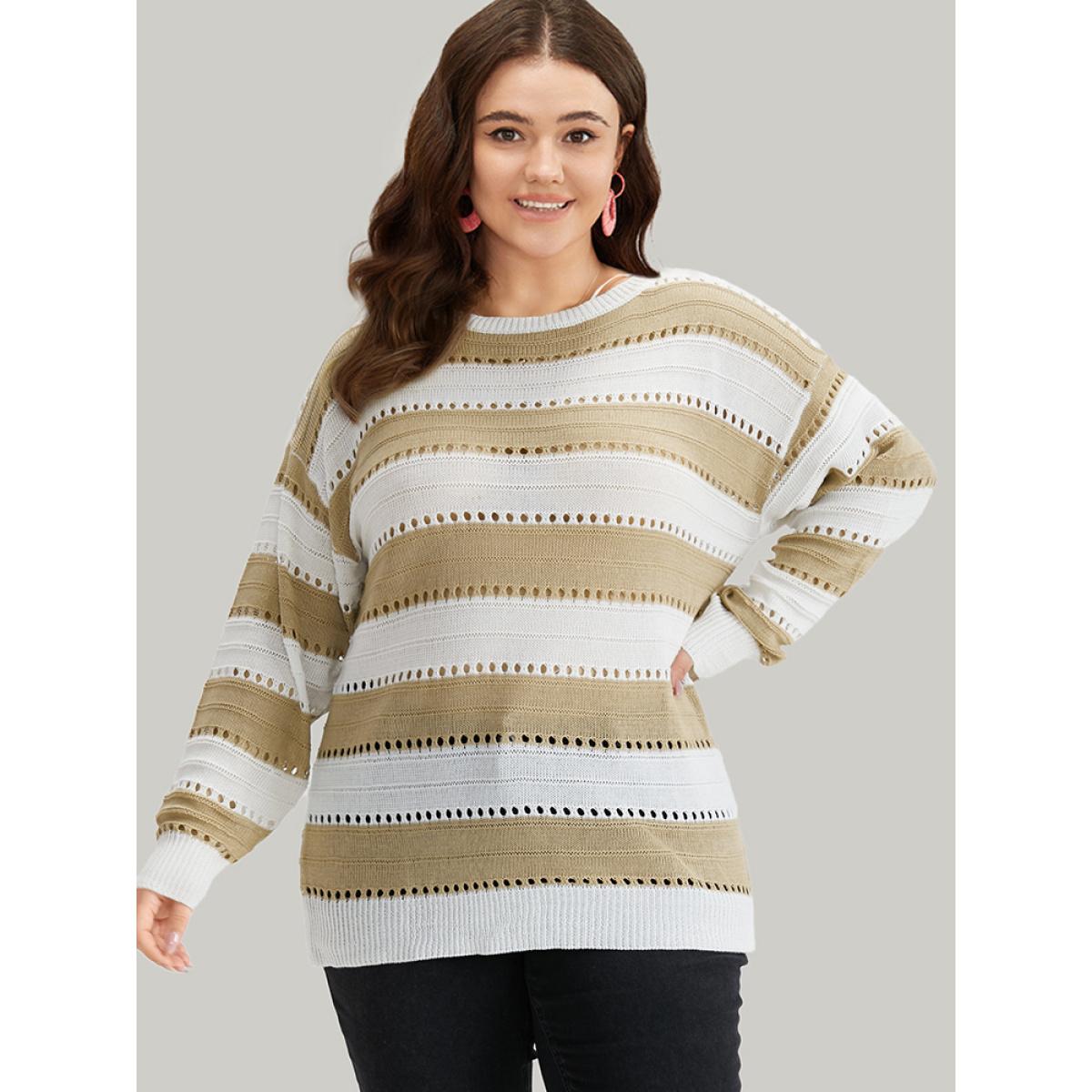 Plus Size Colorblock Contrast Drop Shoulder Elastic Cuffs Pullover Tan Women Casual Loose Long Sleeve Round Neck Everyday Pullovers BloomChic 26/4X Product Image