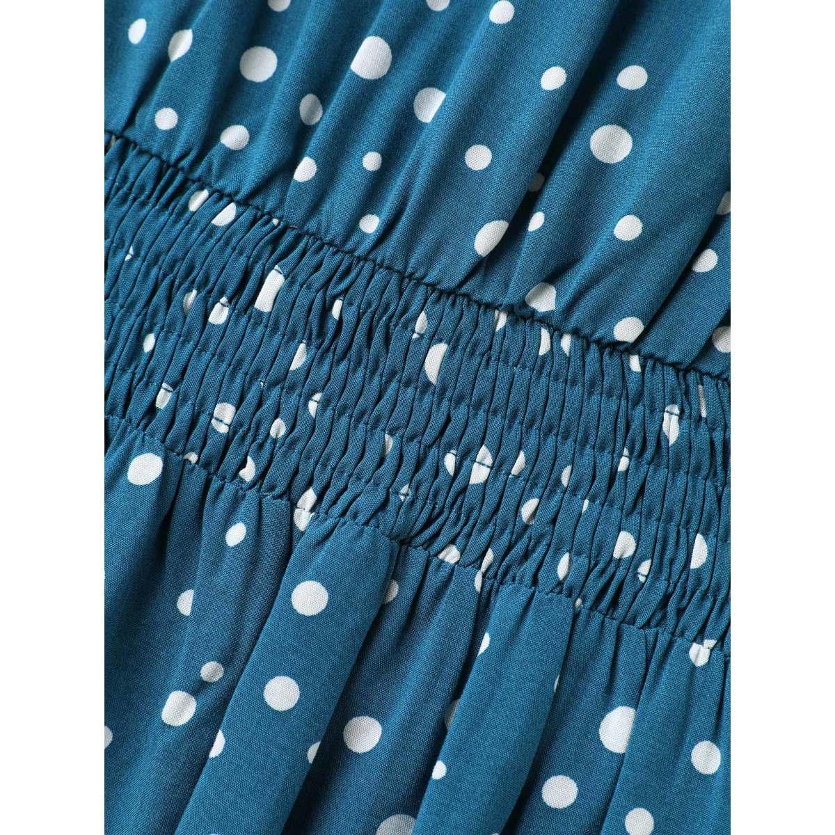 Plus Size Dot Print Shirred Waist Midi Dress Aegean Women At the Office Gathered Round Neck Short sleeve Curvy BloomChic 28/5X Product Image