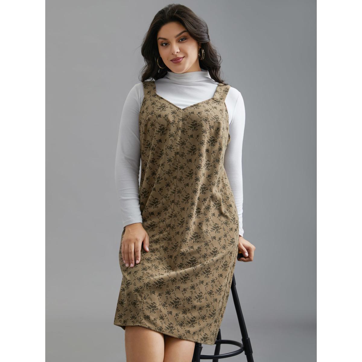 Plus Size Suspender Skirt Style Floral Dress Browncoffeecolor Women Casual Texture Non Sleeveless Curvy BloomChic 14-16/1X Product Image