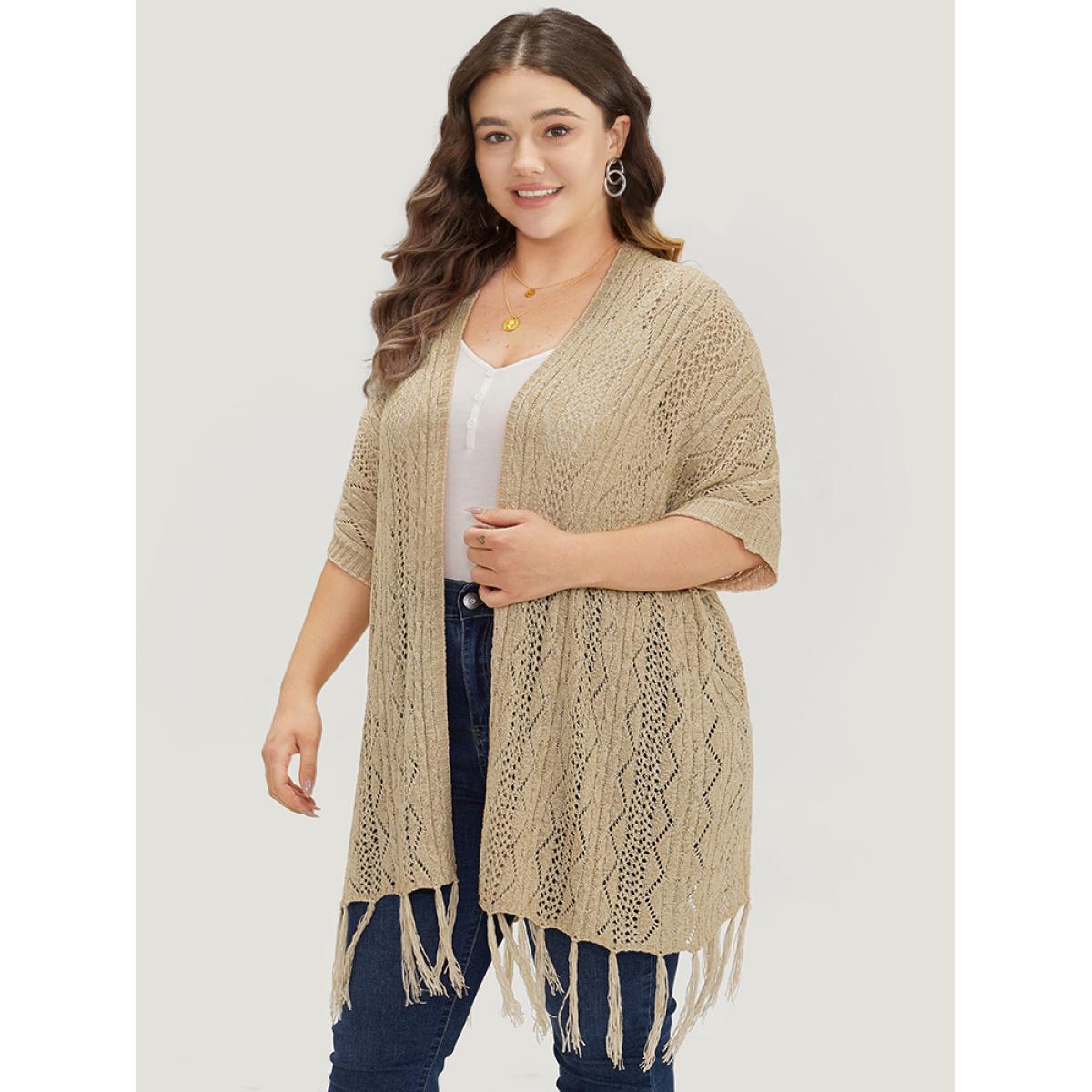 Plus Size Solid Fringe Trim Geometric Eyelet Batwing Sleeve Cardigan Tan Women Casual Loose Long Sleeve Dailywear Cardigans BloomChic 22-24/3X Product Image