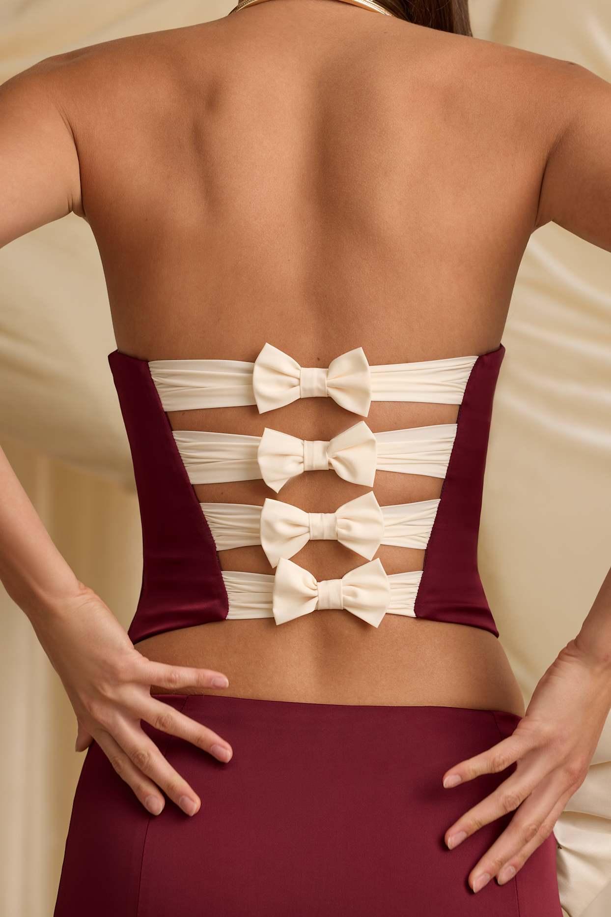 Cut-Out Bow-Detail Corset Top in Wine Red Product Image