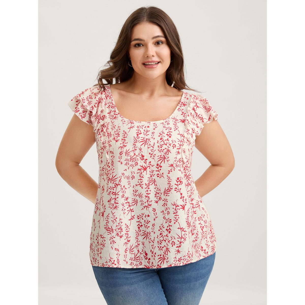 Plus Size Brightred Sweet Floral Bow Back Flutter Blouse Women Timeless Cap Sleeve Square Neck Elegant Blouses BloomChic 10/M Product Image