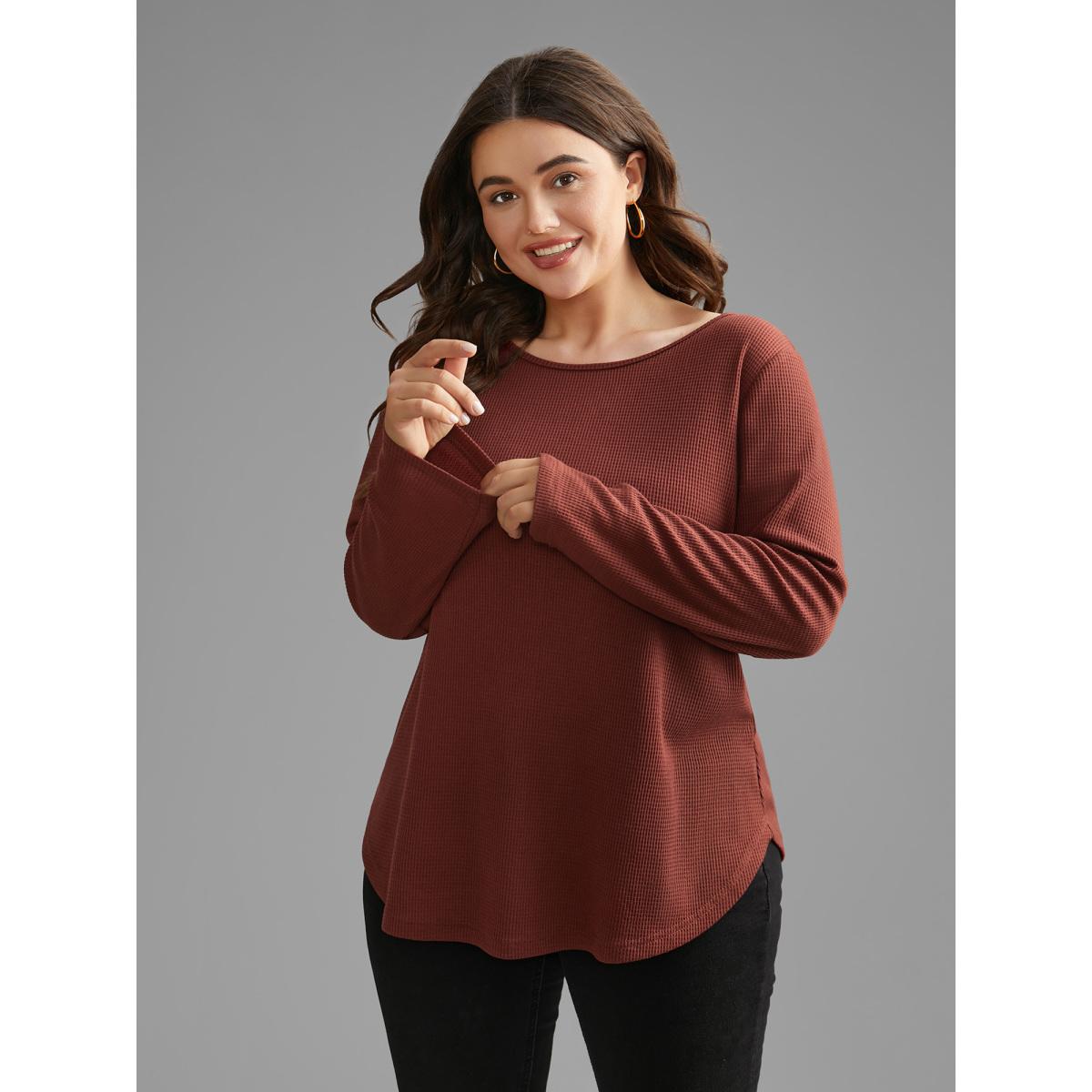 Plus Size Waffle Knit Button Detail Arc Hem T-shirt Rust Women Casual Texture Round Neck Everyday T-shirts BloomChic 12/L Product Image