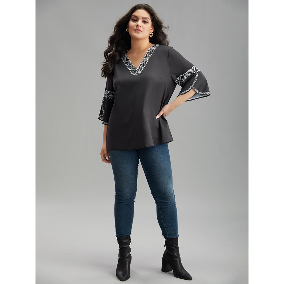 Plus Size Black Boho Print Patchwork V Neck Blouse Women Vacation Elbow-length sleeve V-neck Dailywear Blouses BloomChic 14-16/1X Product Image