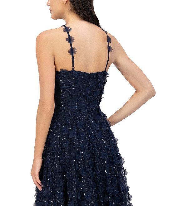 Eliza J Sequin and 3D Flower Halter Neck Sleeveless Ball Gown Product Image