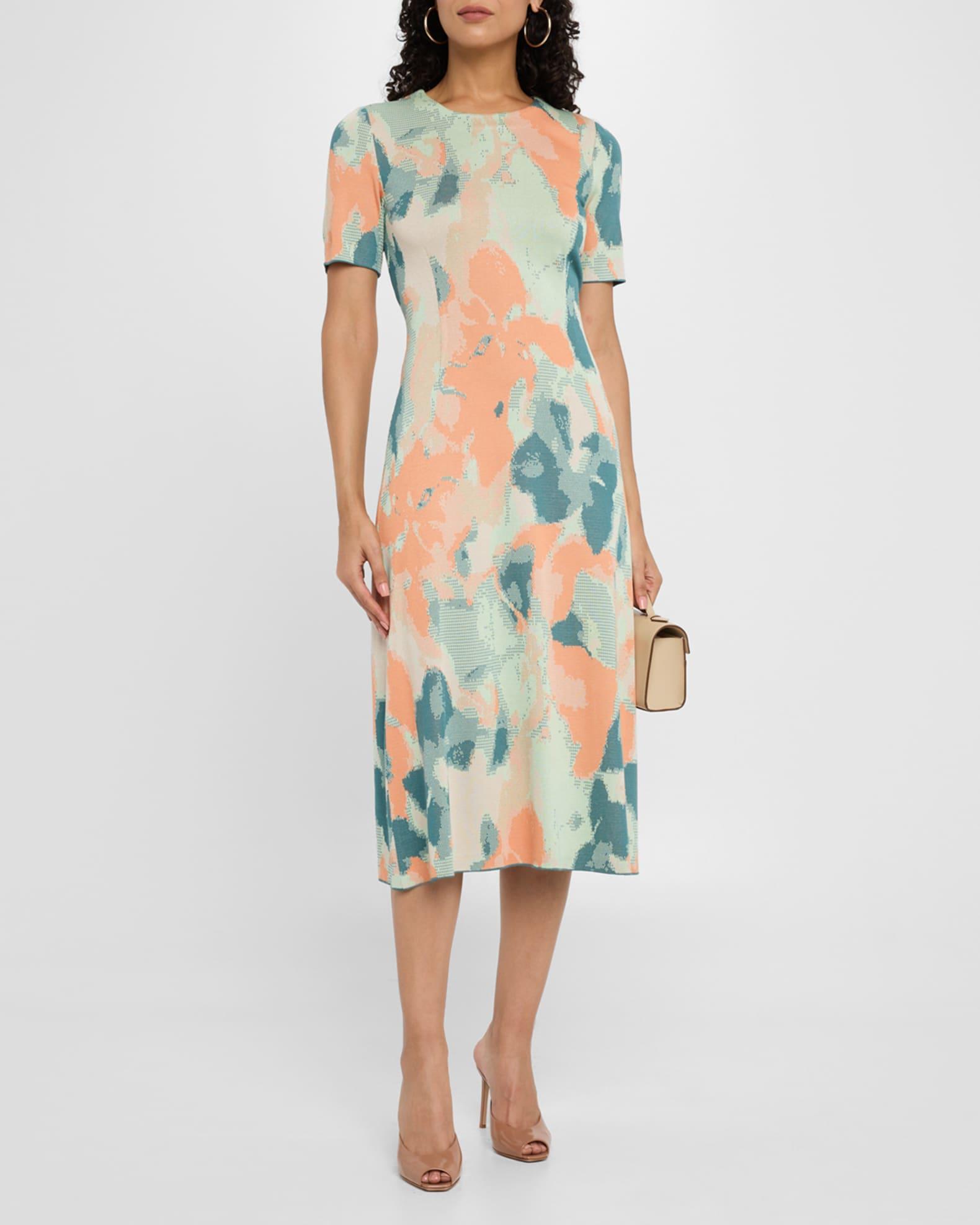 Floral Knit Short-Sleeve A-Line Midi Dress Product Image