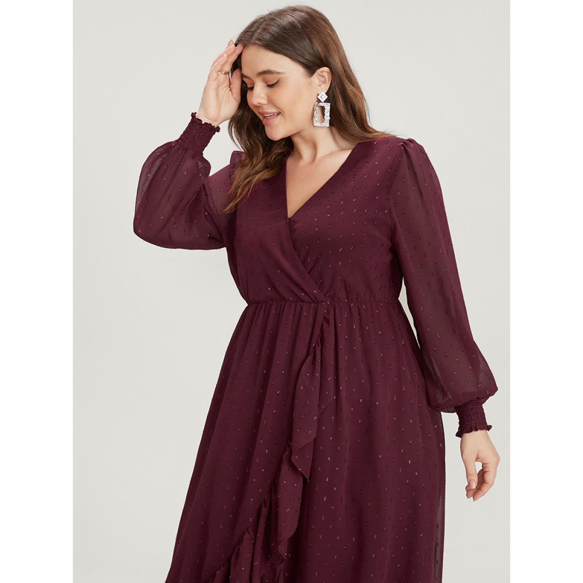 Plus Size Solid Glitter Mesh Lantern Sleeve Shirred Wrap Flutter Hem Dress Burgundy Women Glamour Asymmetrical V-neck Long Sleeve Curvy Midi Dress BloomChic 26/4X Product Image