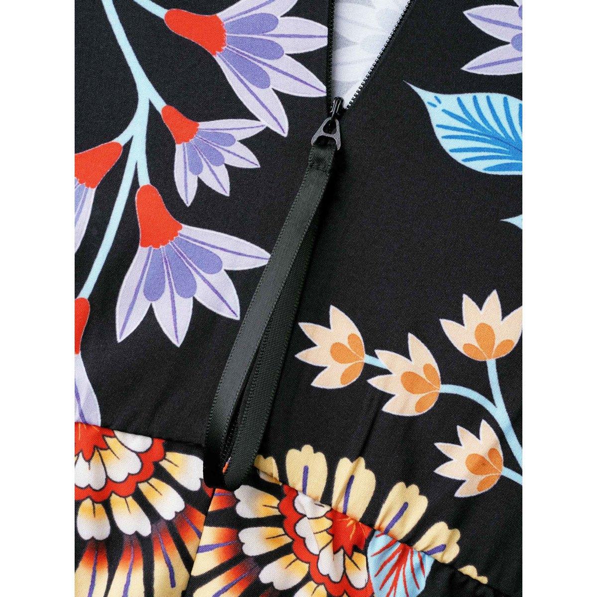 Plus Size Black Deep V-Neck Tropical Print Jumpsuit Women Resort Half Sleeve V-neck Vacation Loose Jumpsuits BloomChic 26/4X Product Image