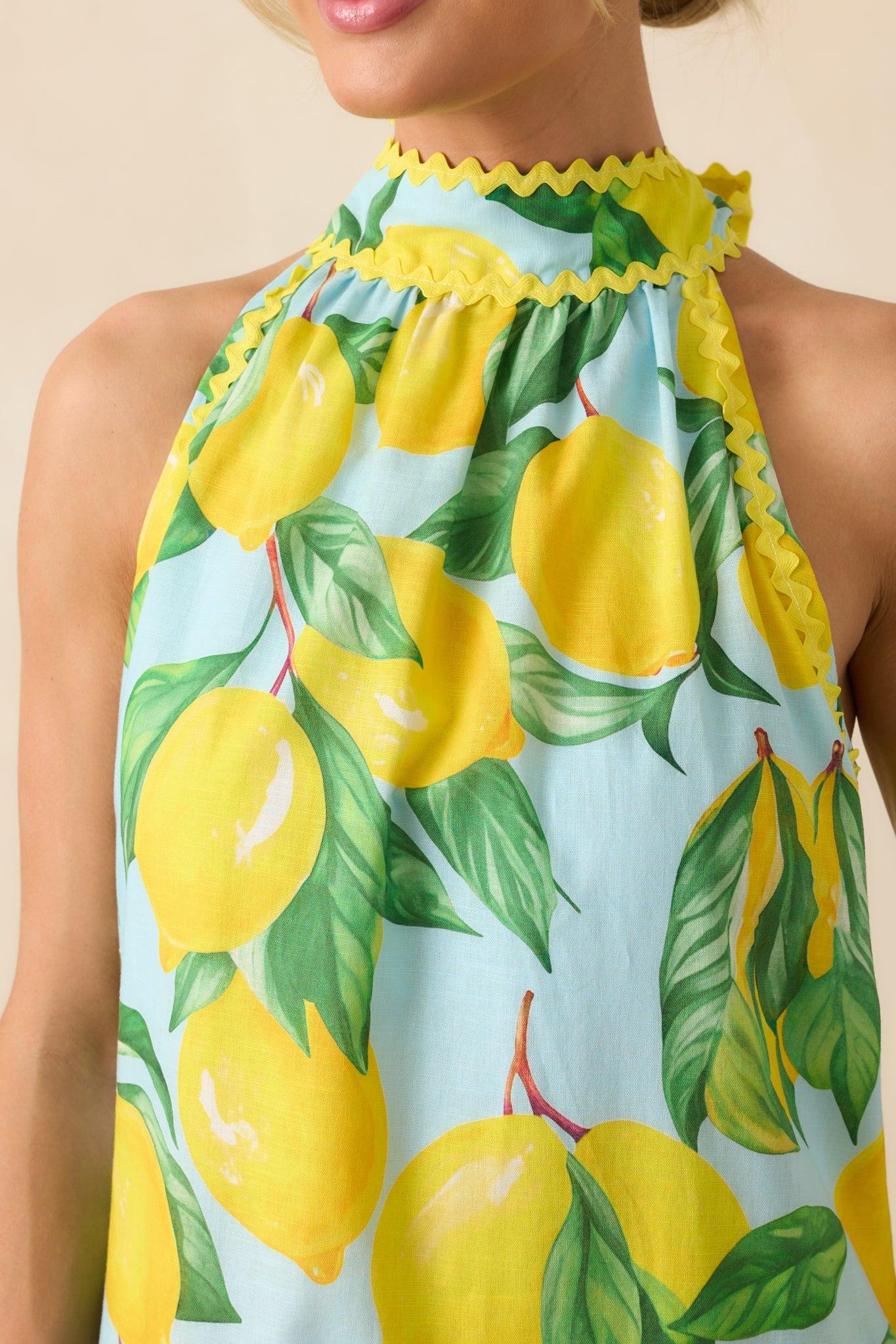 Prosperina Simone Blue Lemon Print Cotton Halter Mini Dress Product Image