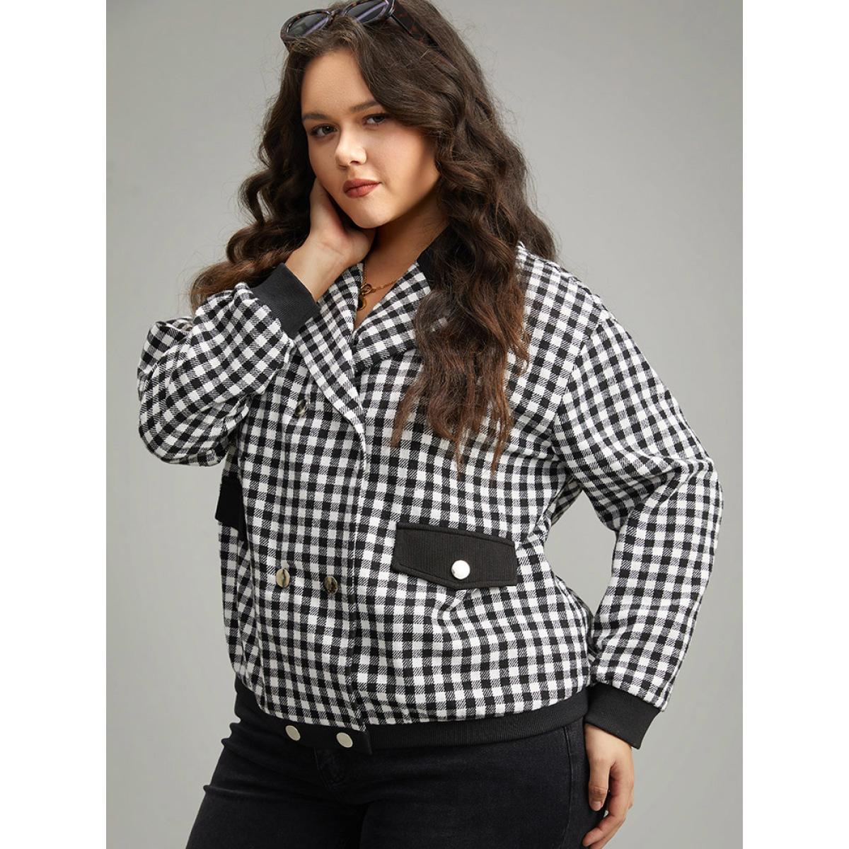 Plus Size Gingham Patchwork Double Breasted Jacket Women Black Elastic cuffs Dailywear Jackets BloomChic 30/6X Product Image