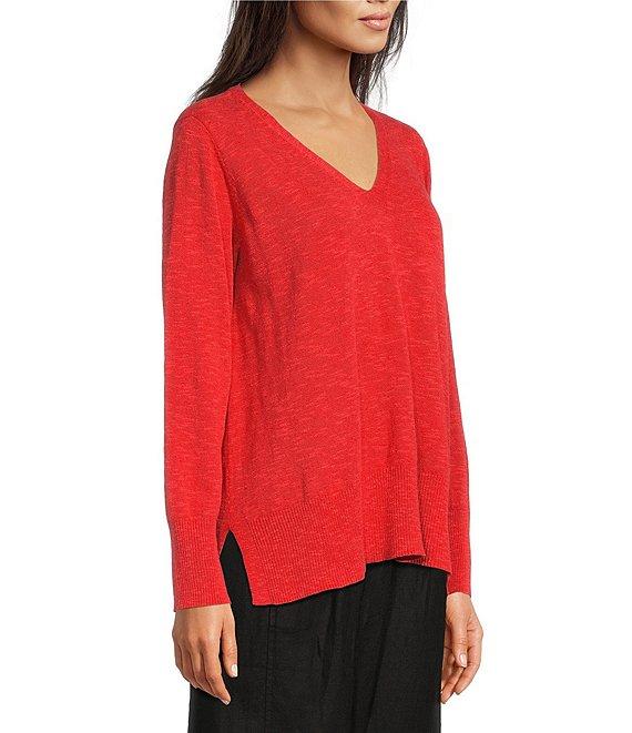 Eileen Fisher Organic Linen Cotton Blend V-Neck Long Sleeve Sweater Product Image