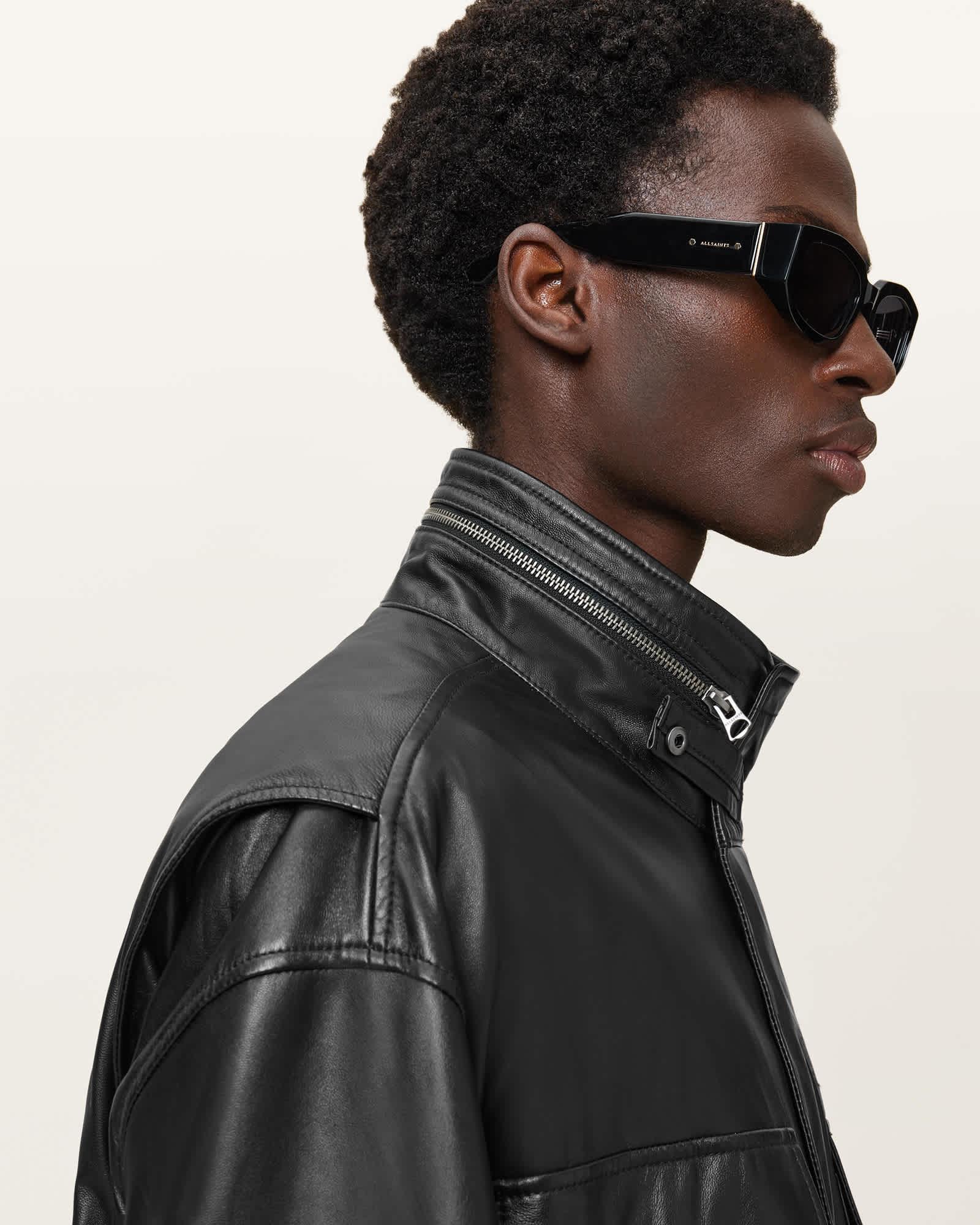 Halton Funnel Collar Leather Jacket Product Image