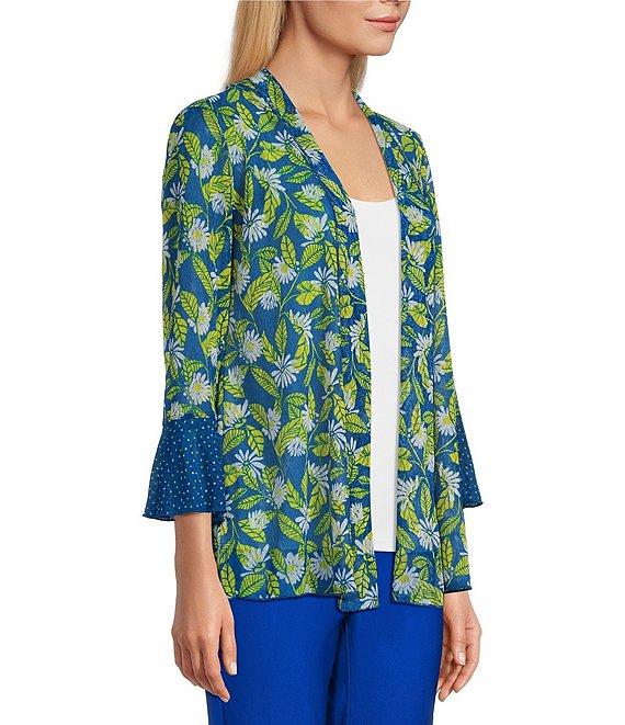 Multiples Blue Print Onionskin Shawl Neck 3/4 Flounce Sleeve Open-Front Jacket Product Image