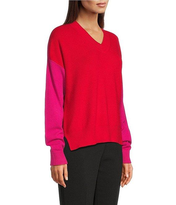 DKNY by Donna Karan Colorblock V-Neck Long Sleeve Sweater Product Image