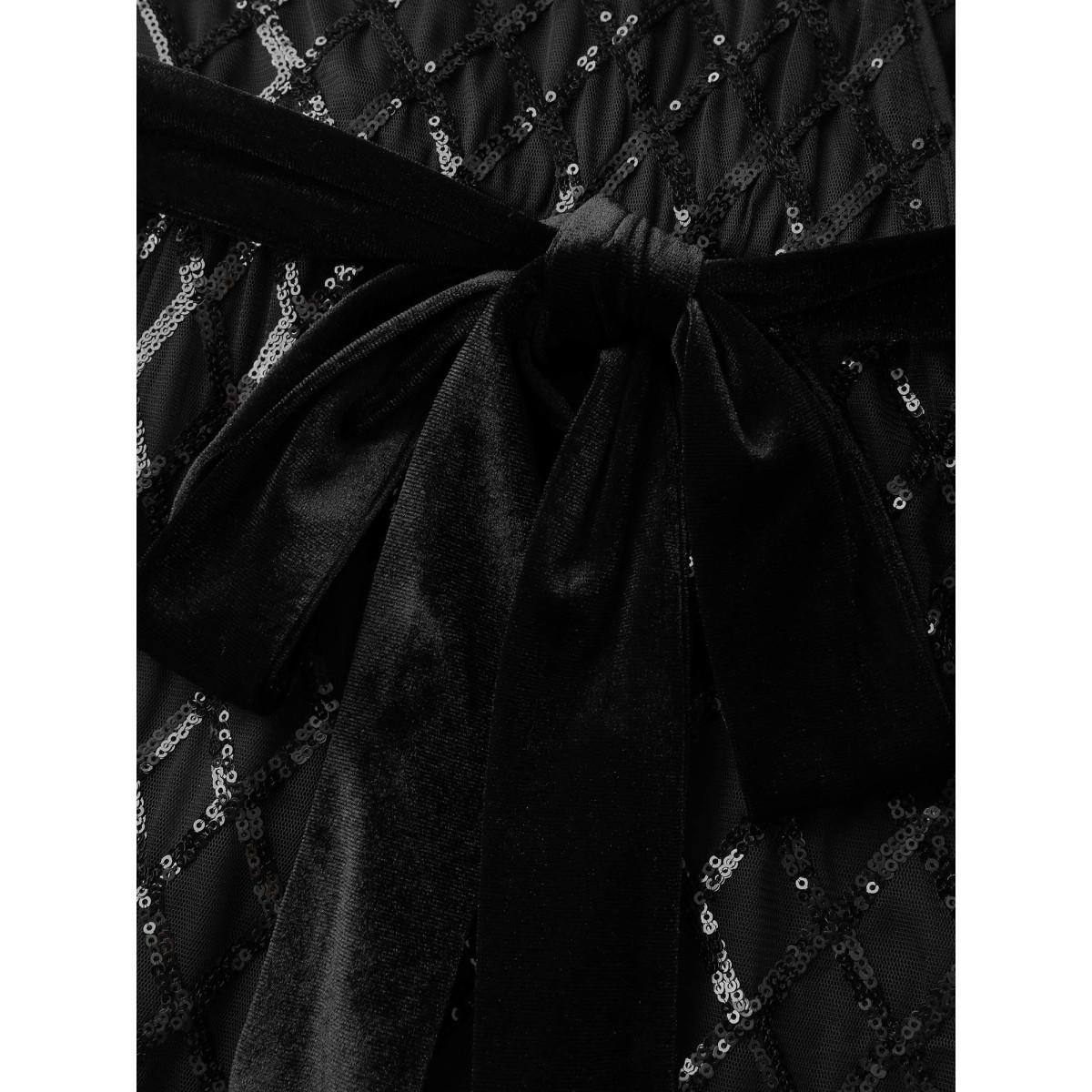 Plus Size Sheer Sequin Belted Stretchy Waist Midi Dress Black Women Party&Cocktail Party Curvy Bloomchic 26/4X Product Image