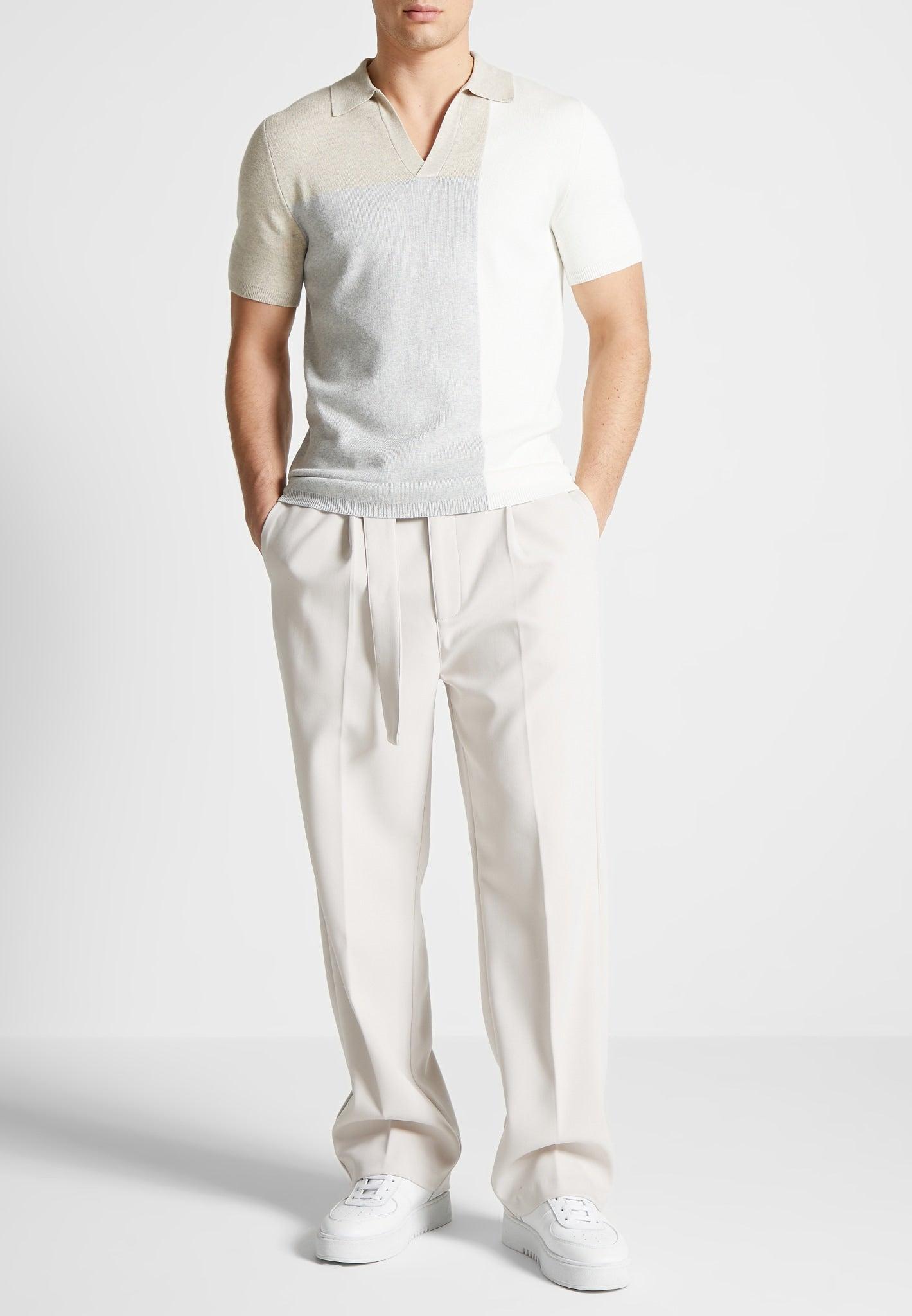 Colour Block Knit Revere Polo Top - Beige/Grey Male Product Image