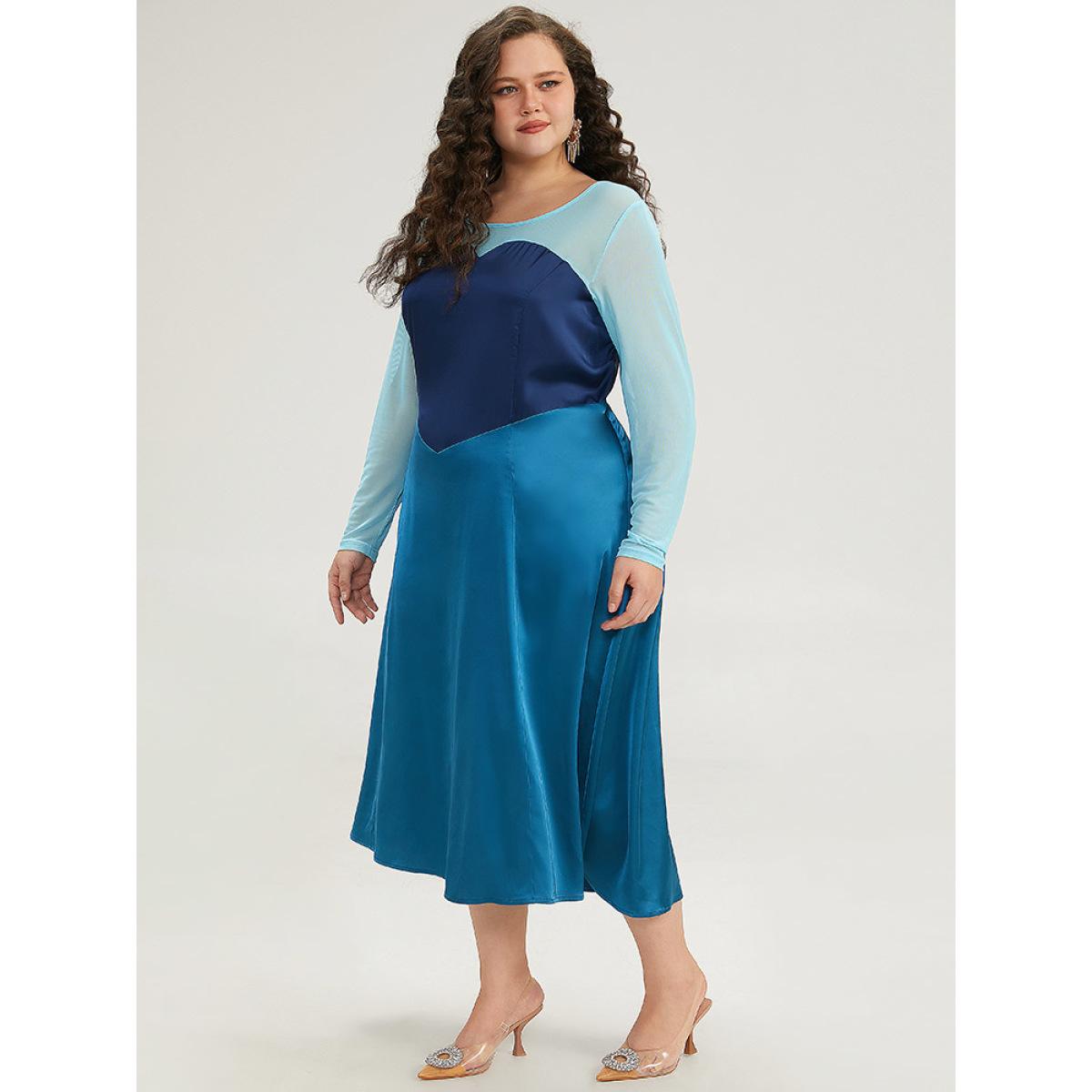 Plus Size Halloween Contrast Patchwork Mesh Dress Aegean Women Elegant See through Round Neck Long Sleeve Curvy Midi Dress BloomChic 12/L Product Image