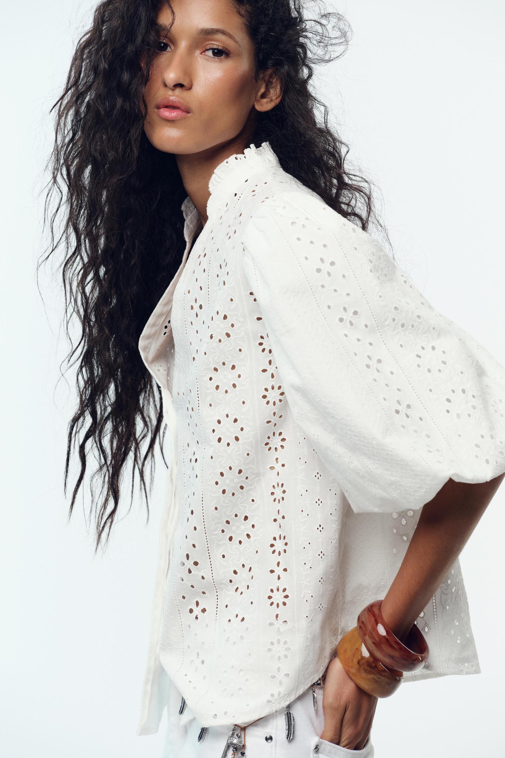 PUFF SLEEVE SHIRT WITH PERFORATED EMBROIDERY Product Image