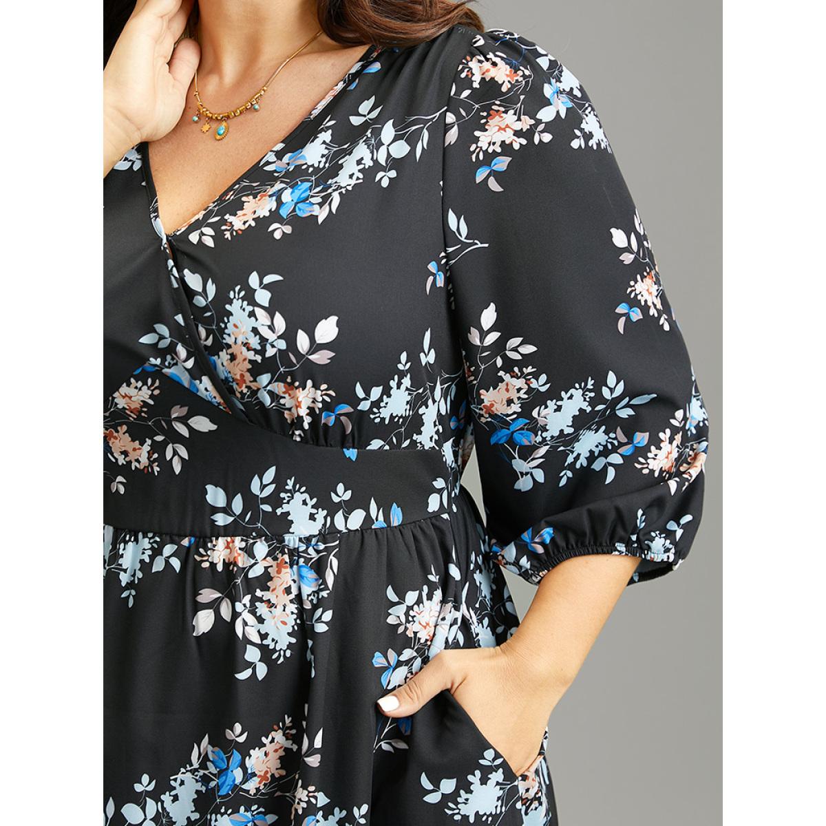 Plus Size Floral Wrap Gathered Lantern Sleeve Dress Multicolor Women Vacation Elastic cuffs Overlap Collar Elbow-length sleeve Curvy Midi Dress BloomChic 22-24/3X Product Image