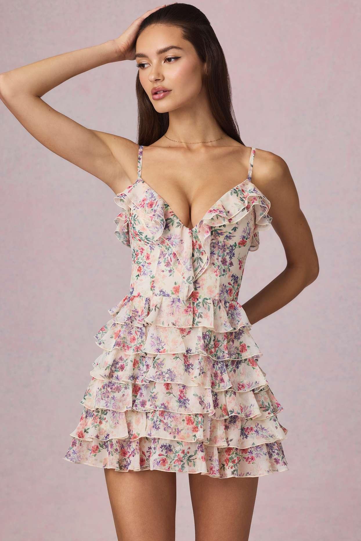 Ruffled Lace-Up A-Line Mini Dress in Primrose Floral Print Product Image