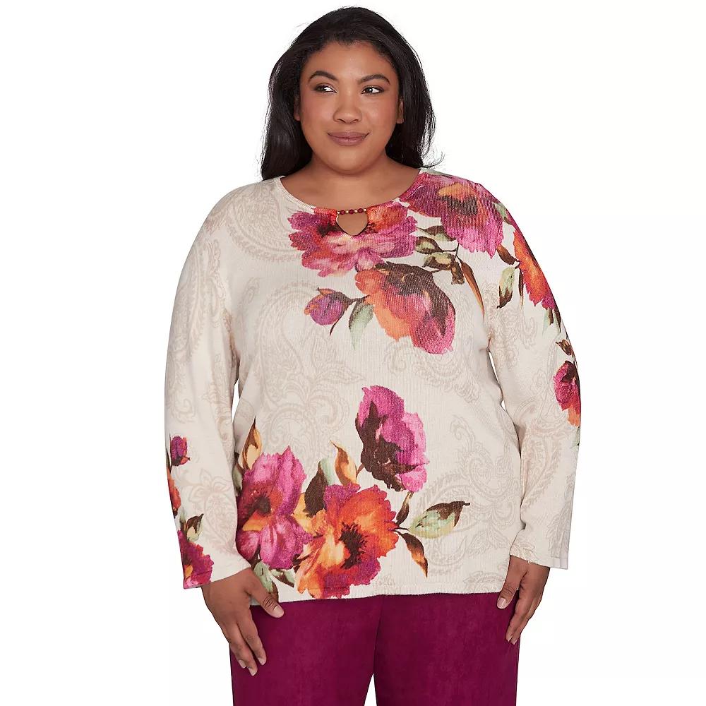 Plus Size Alfred Dunner Watercolor Floral Beaded Split Neck Top, Women's, Size: 1XL, Neutral Team Product Image