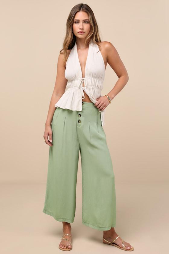 Stroll On Over Sage Green Button-Front Wide-Leg Pants Product Image