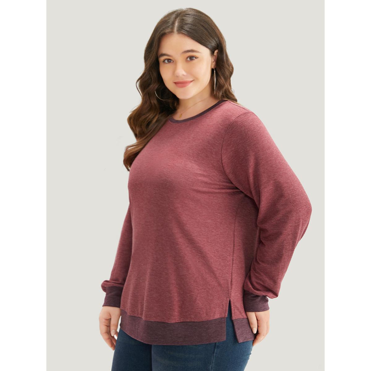 Plus Size Two Tone Split Side Sweatshirt Women Russet Casual Elastic cuffs Round Neck Dailywear Sweatshirts BloomChic 14-16/1X Product Image
