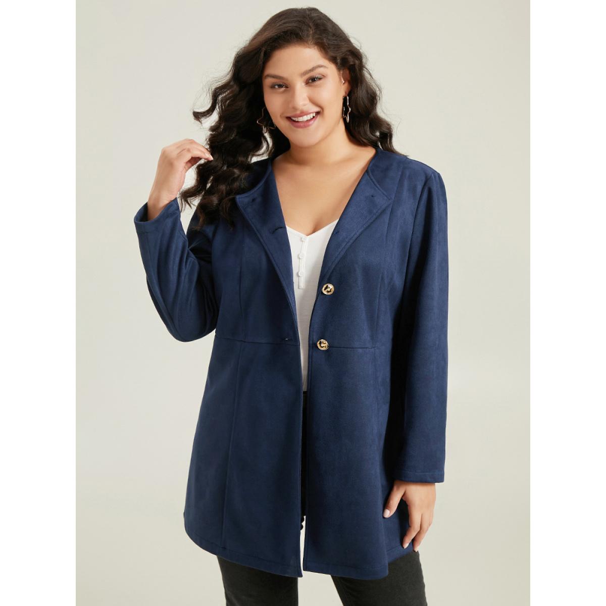 Plus Size Plain Pleated Metal Detail Jacket Women DarkBlue Casual Plain Ladies Dailywear Winter Coats BloomChic 22-24/3X Product Image