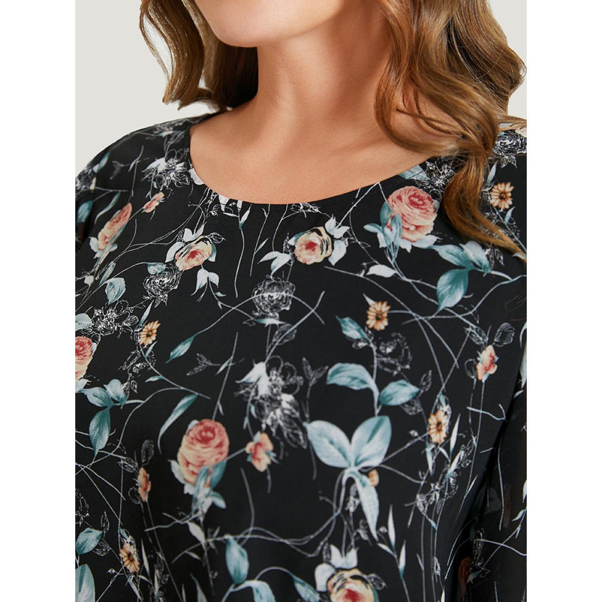 Plus Size Black Floral Split Sleeve Chiffon Blouse Women Elegant Short sleeve Round Neck Dailywear Blouses BloomChic 30/6X Product Image