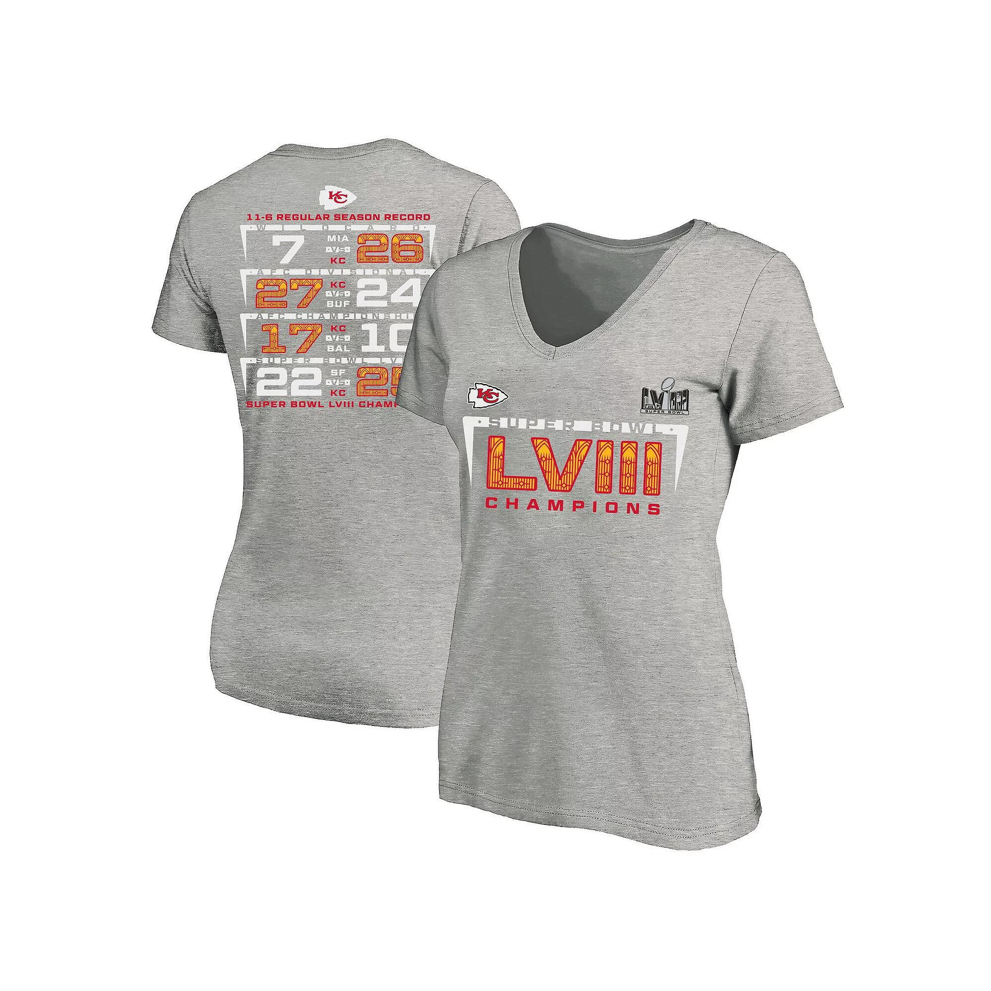 Women's Fanatics Branded  Heather Gray Kansas City Chiefs Super Bowl LVIII Champions Plus Size Counting Points V-Neck T-Shirt, Size: 1XL, Grey Product Image