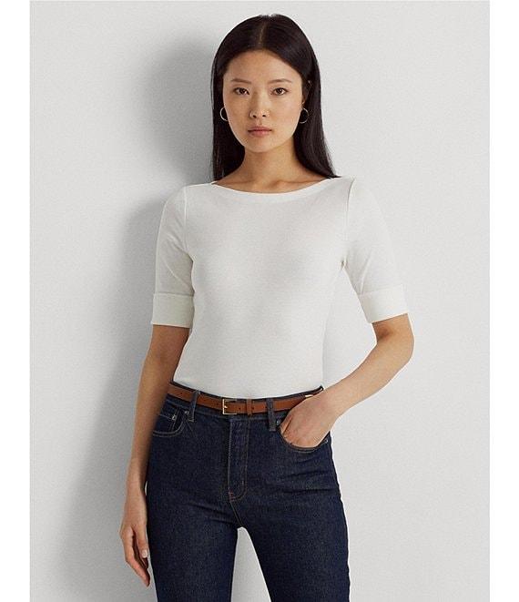 Lauren Ralph Lauren Stretch Cotton Blend Boat Neck Short Rolled Sleeve Shirt Product Image