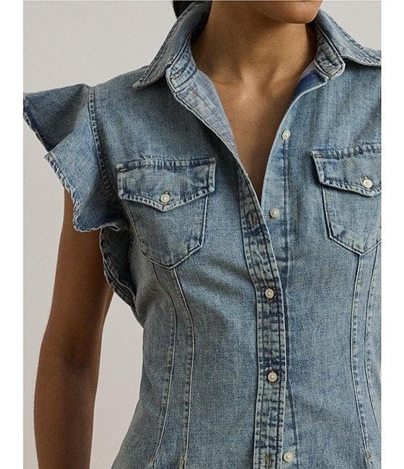 Lauren Ralph Lauren Denim Spread Collar Flutter Sleeve Button Front Shirt Product Image