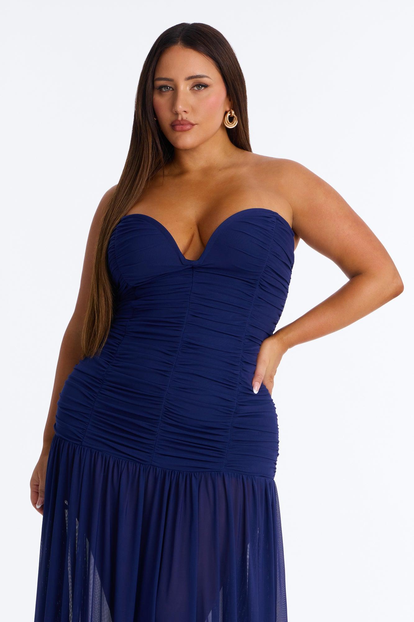 Soft Glam Ruched Mesh Gown - Navy Female Product Image