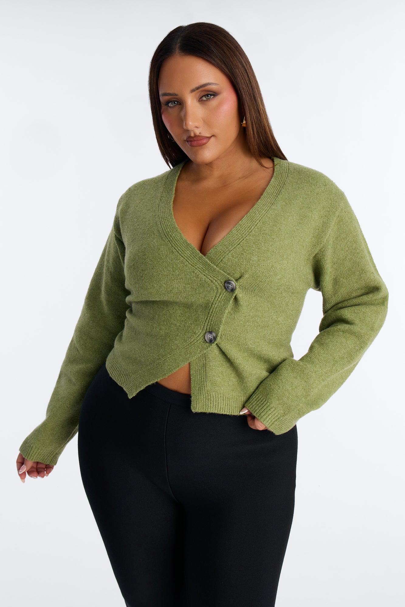 Elaia Asymmetric Button Front Cardigan Sweater - Moss Female Product Image