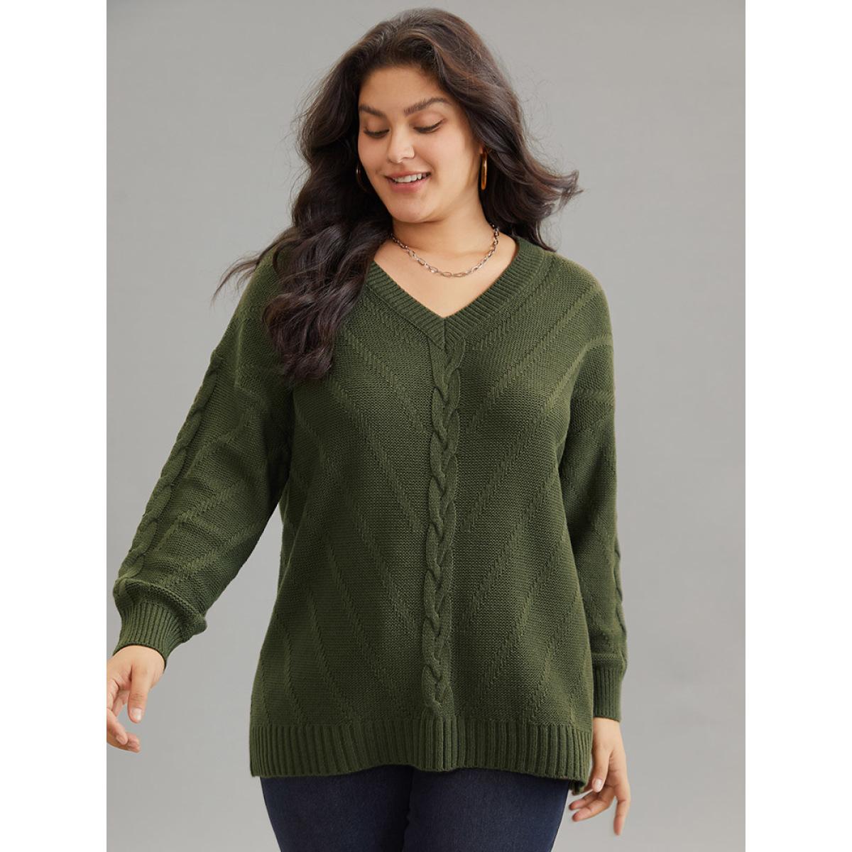 Plus Size Cable Knit Plisse Moderately Stretchy Pullover ArmyGreen Women Casual Loose Long Sleeve V-neck Dailywear Pullovers BloomChic 12/L Product Image