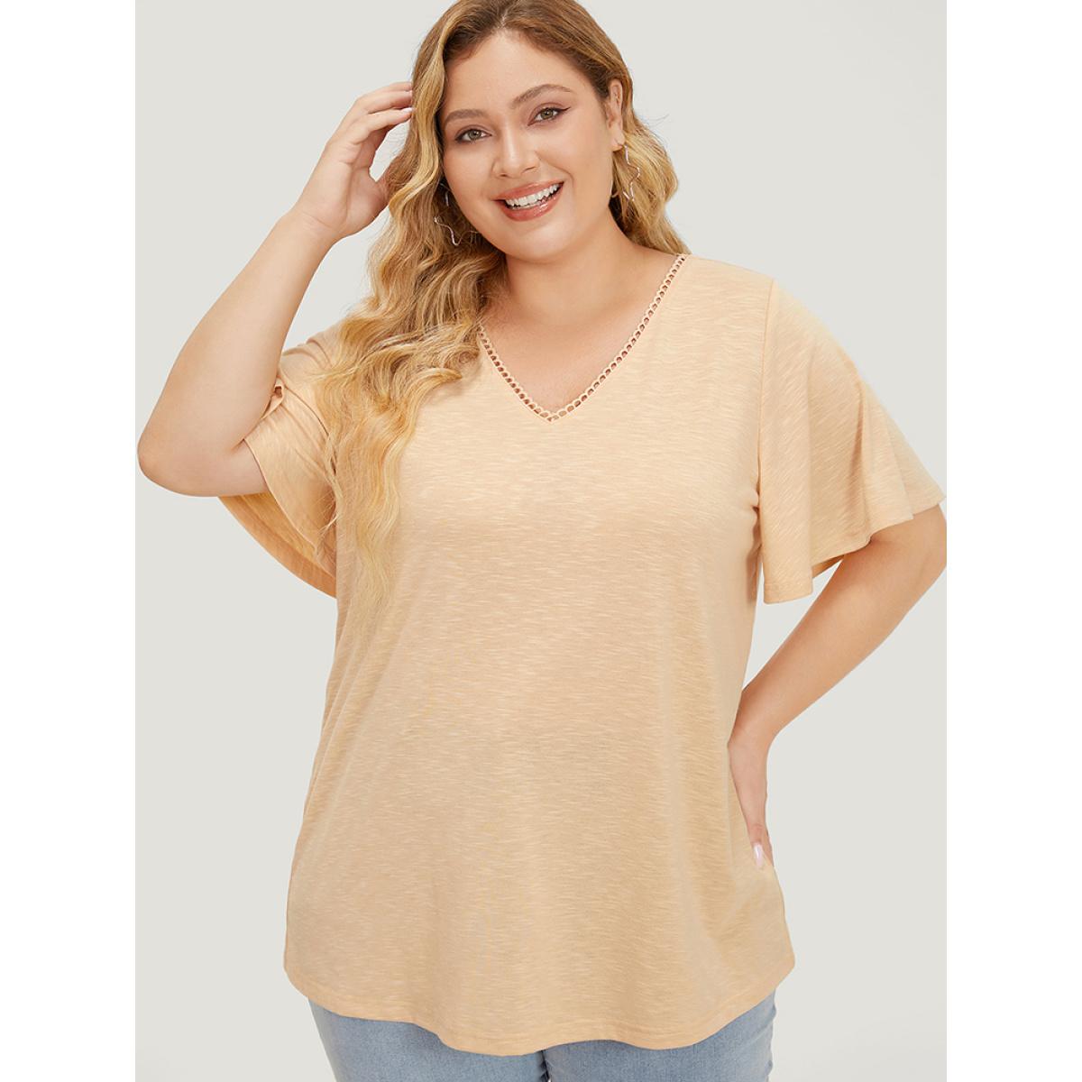 Plus Size Solid Heather Flutter Sleeve T-shirt LightBrown Women Elegant Heather Plain V-neck Dailywear T-shirts BloomChic 14-16/1X Product Image