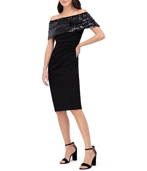 Vince Camuto Crepe Sequin Sheath Fold Over Off the Shoulder Short Sleeve Ruched Dress Product Image