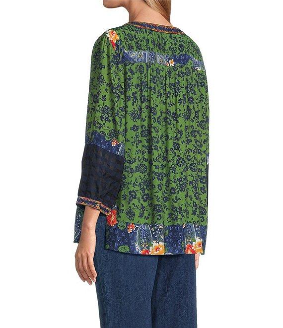 John Mark Embroidered Printed Y-Neck 3/4 Sleeve Pintuck Peasant Tunic Product Image