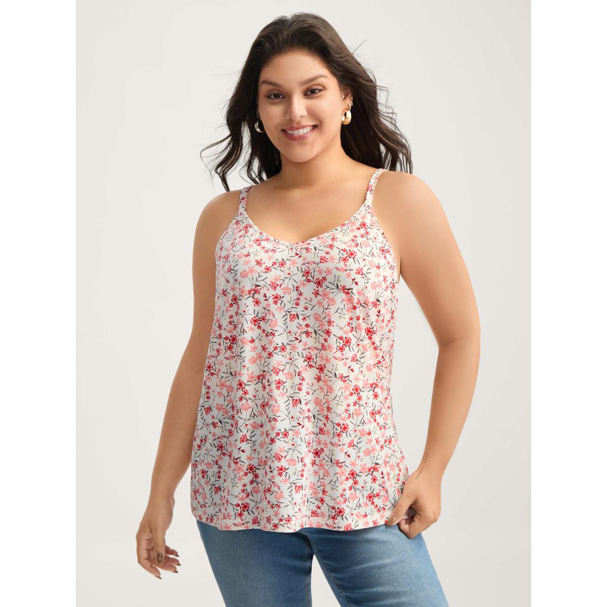 Plus Size Floral Stretchy Backless Tie Tank Top Women WhiteSmoke Woven ribbon&lace trim V-neck Everyday-Casual Tank Tops Camis BloomChic 14-16/1X Product Image