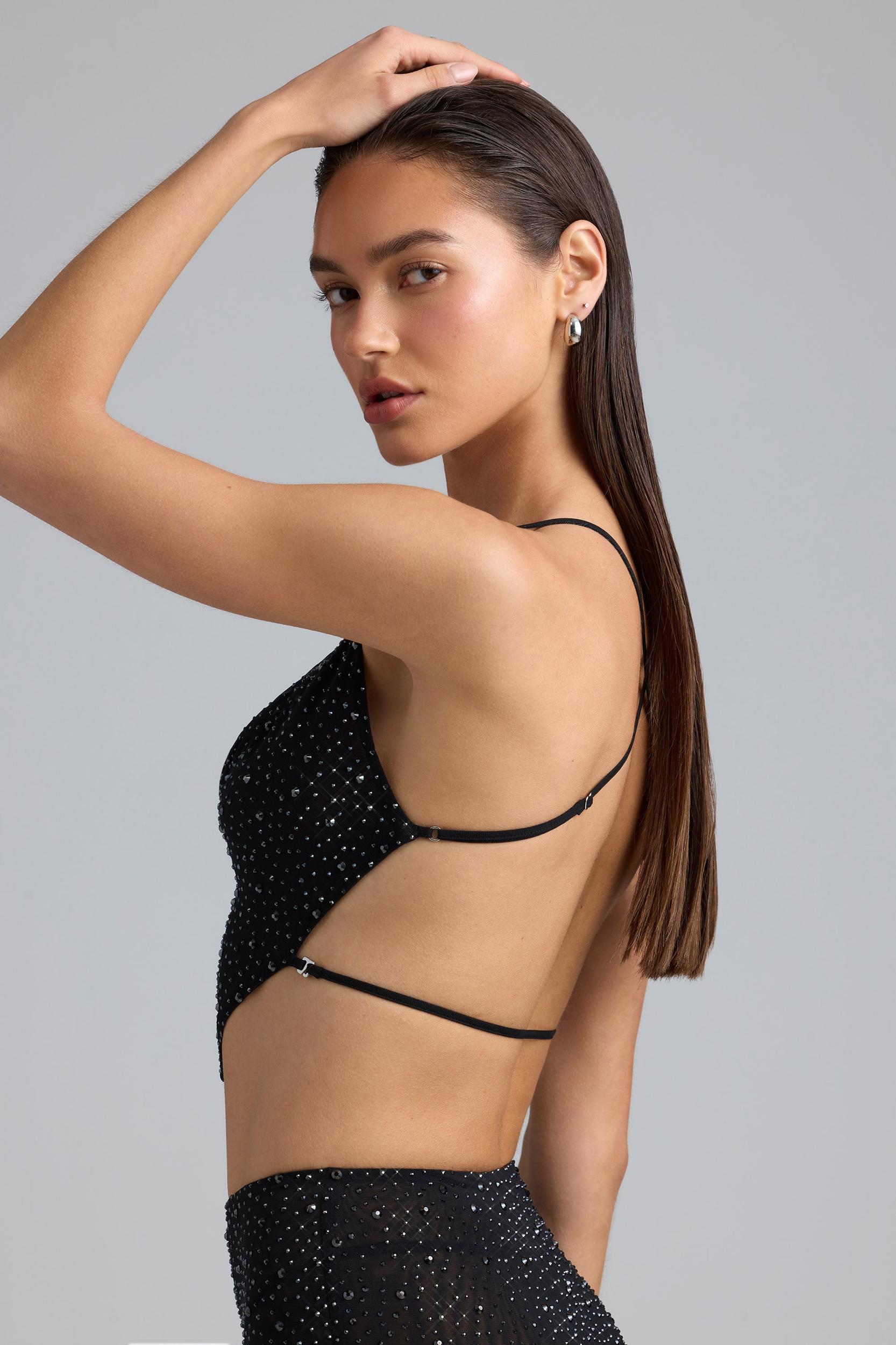 Embellished Cowl-Neck Crop Top in Black Product Image