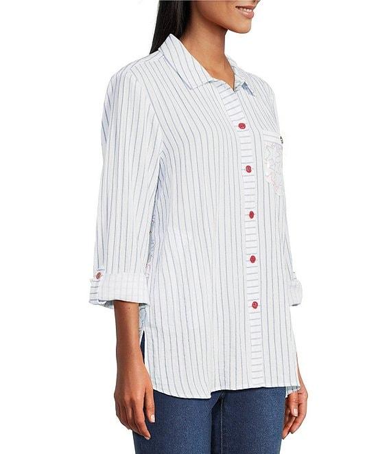 Multiples Crinkle Woven Stars And Stripe Printed Point Collar Long Roll-Tab Sleeve Hi-Low Hem Button Front Shirt Product Image